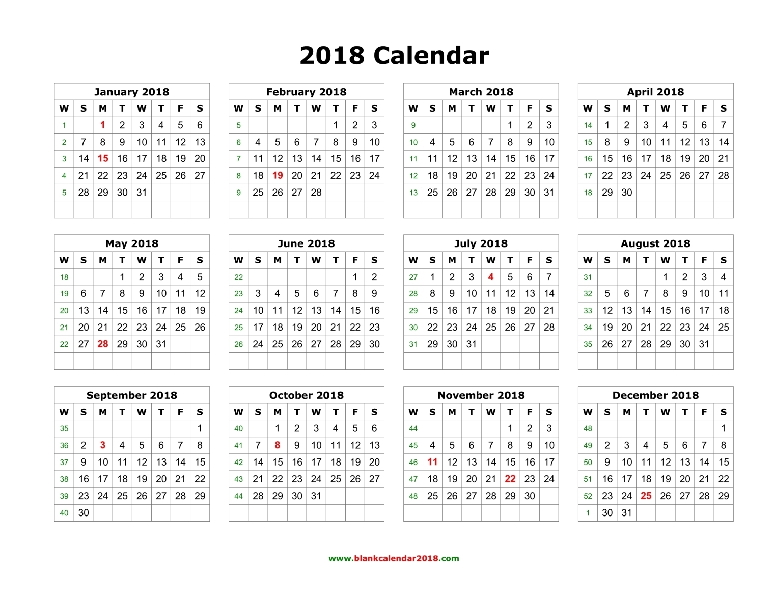 Download 2018 calendar with week numbers printable template