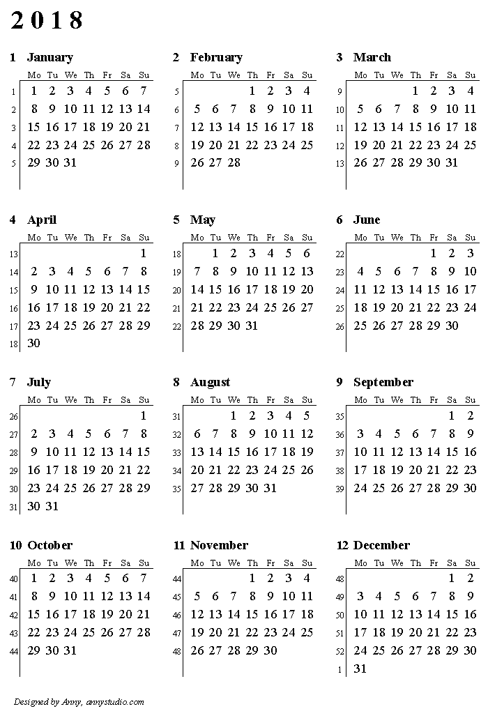 Download 2018 calendar with week numbers printable