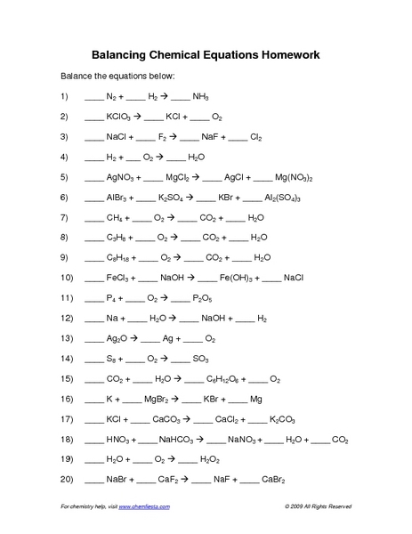 Download Balancing chemical equations worksheet printable