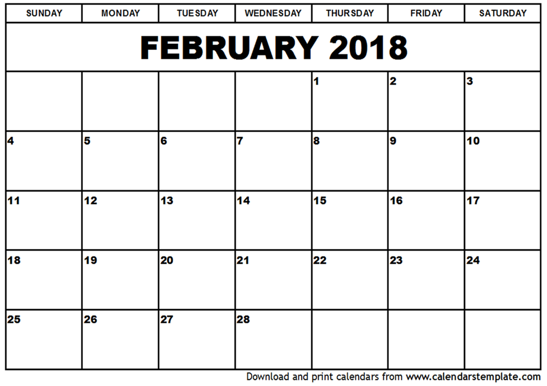 Download February 2018 calendar printable free