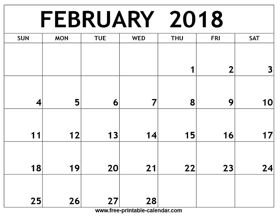 Download February 2018 calendar printable latest