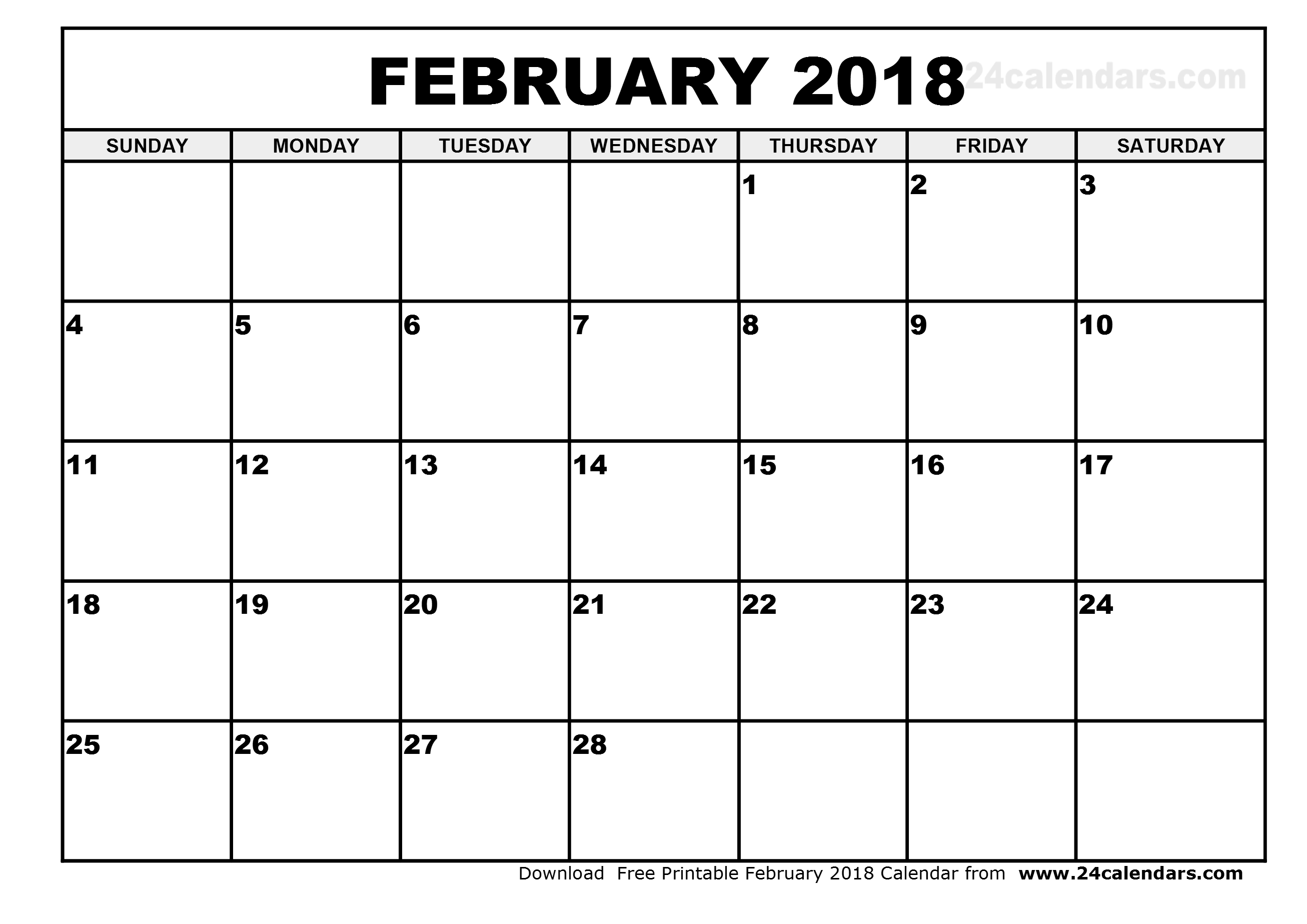 Download February 2018 calendar printable monthly
