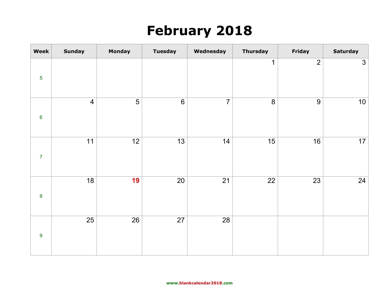 Download February 2018 calendar printable template