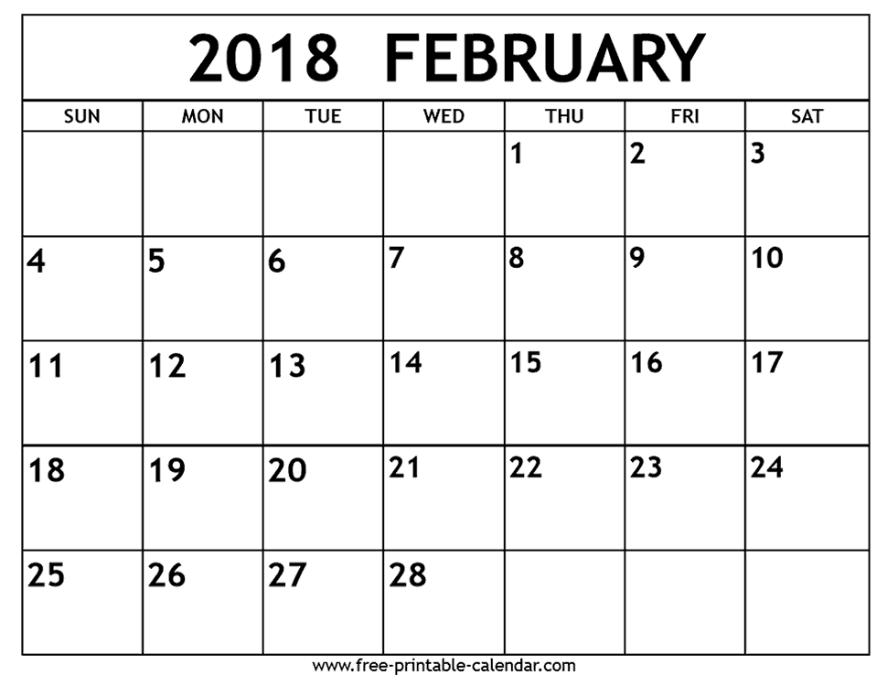 Download February 2018 calendar printable