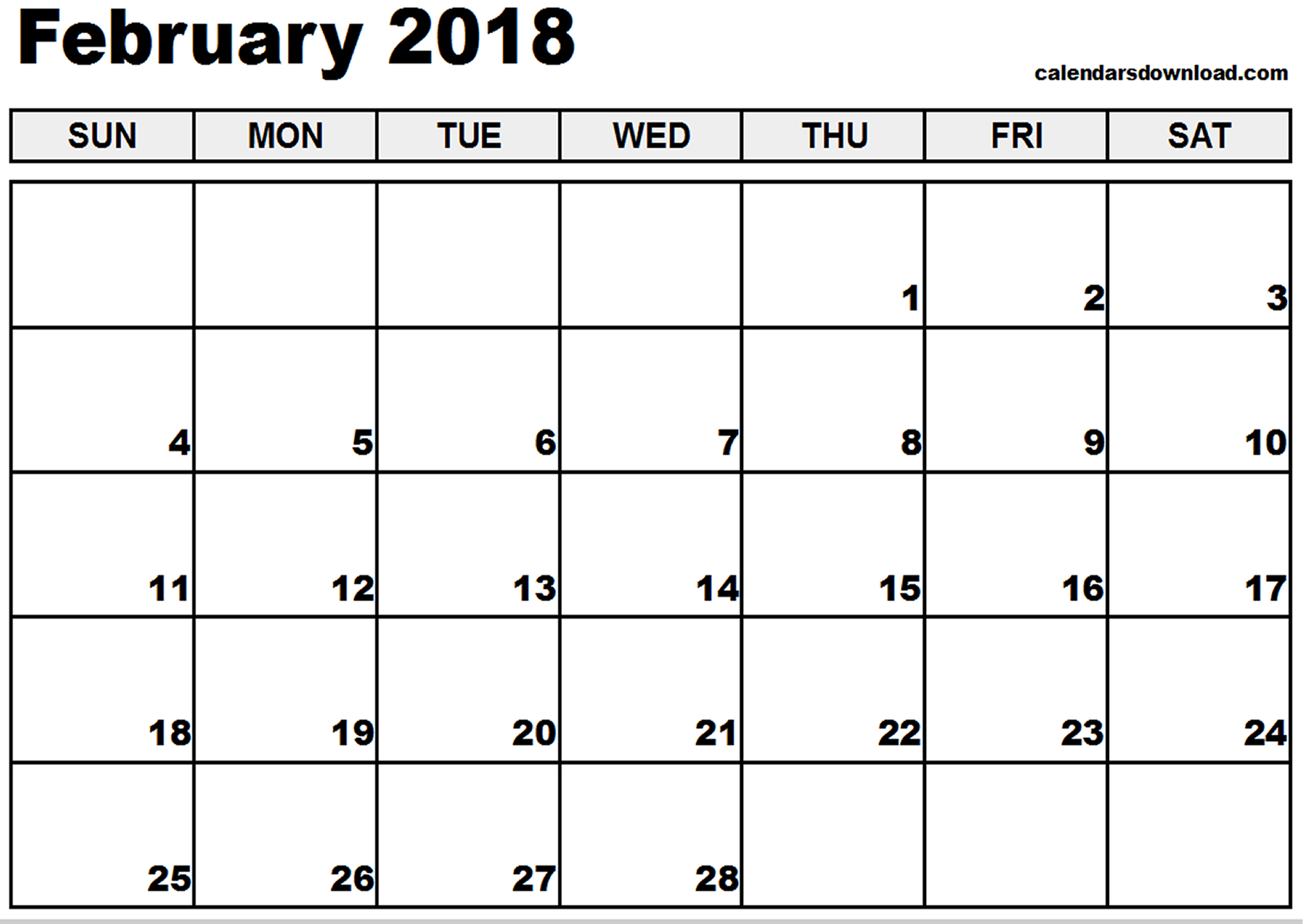 Download February 2018 calendar printable