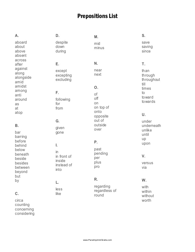 List of prepositions