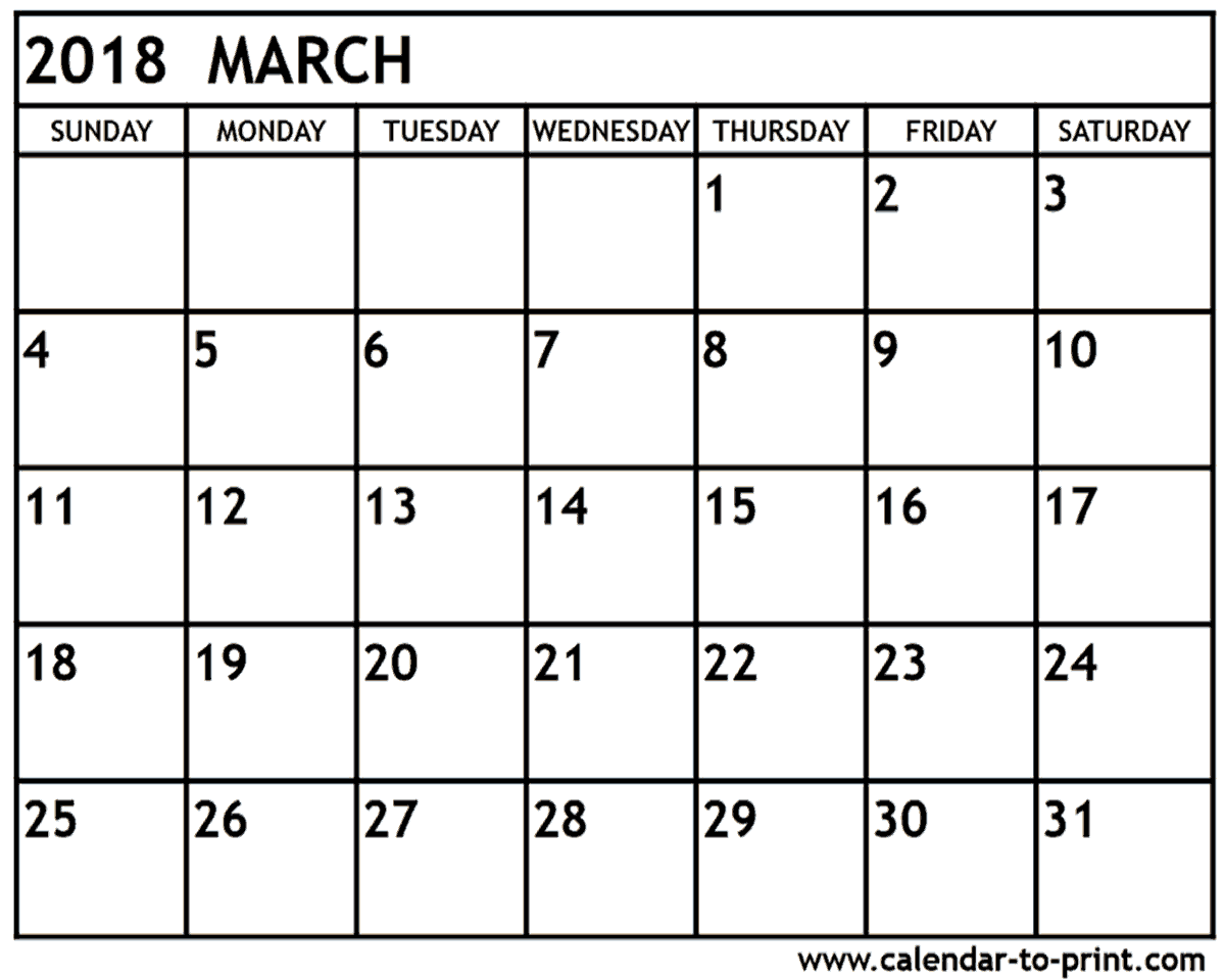 Download March 2018 printable calendar free