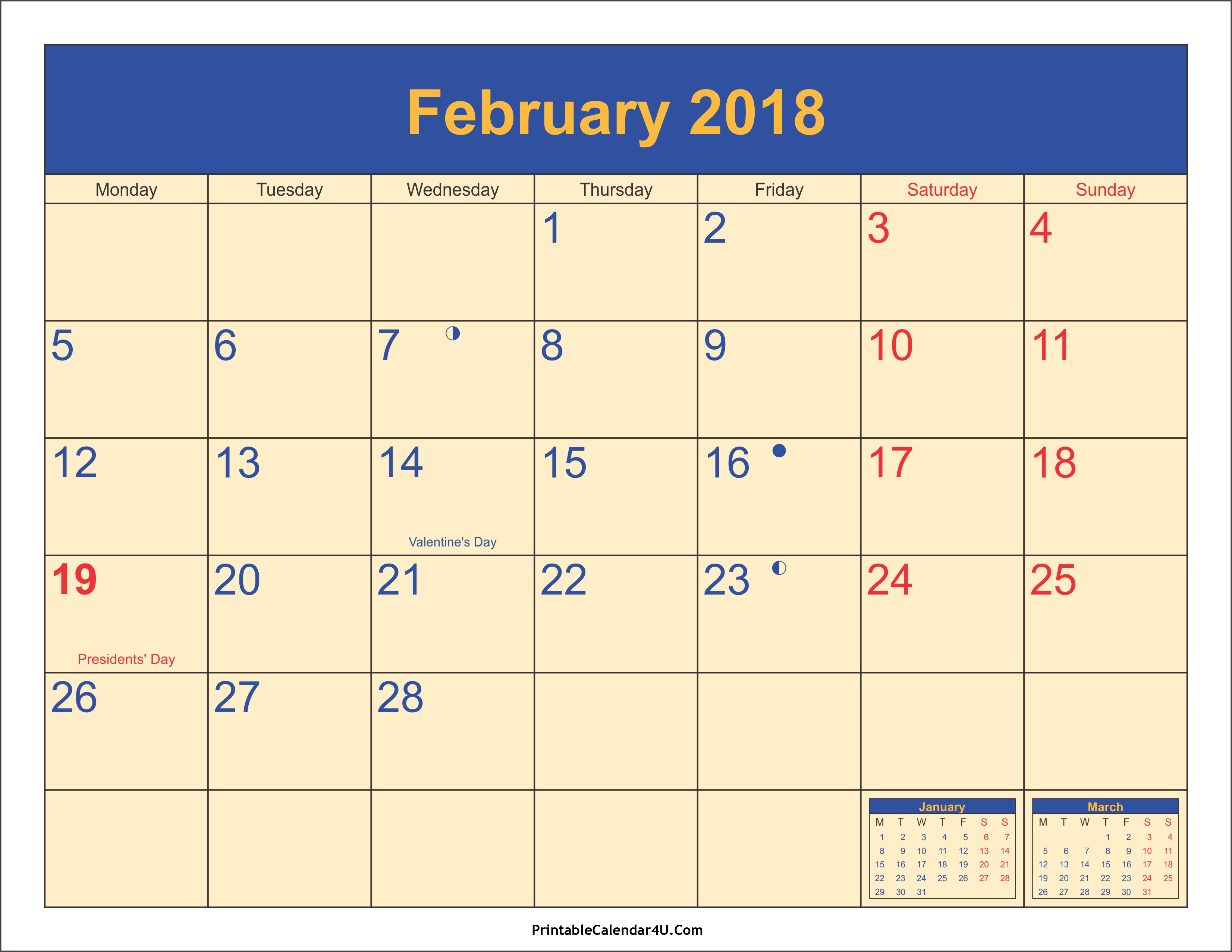 February 2018 calendar with holidays list