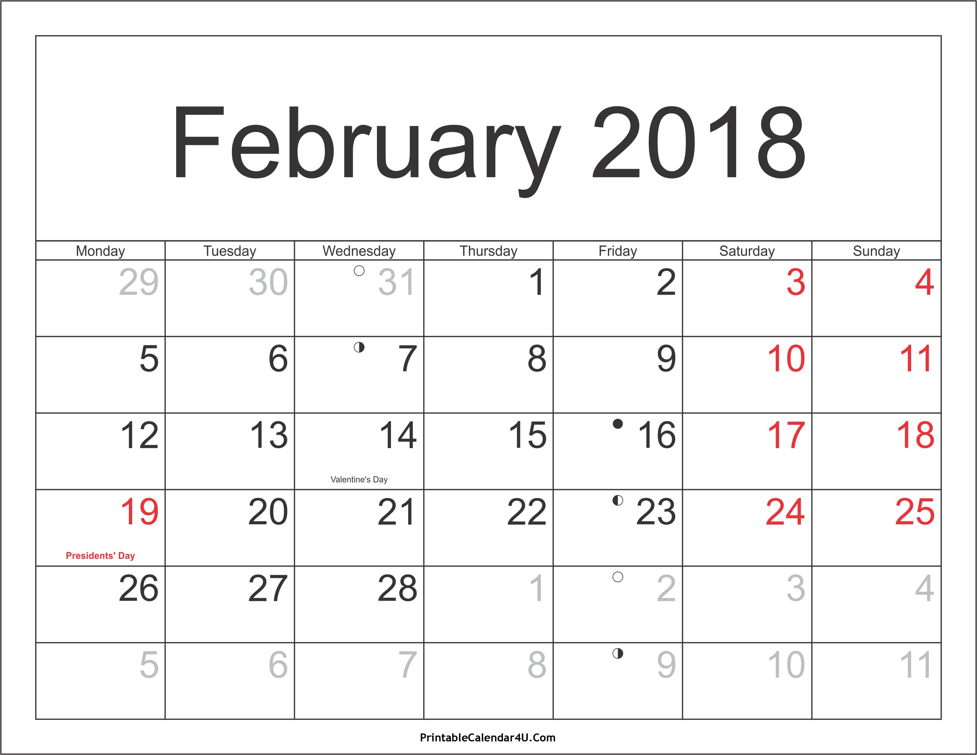 February 2018 Calendar With Holidays | Monthly Printable Calendar throughout February 2018 Calendar With Holidays