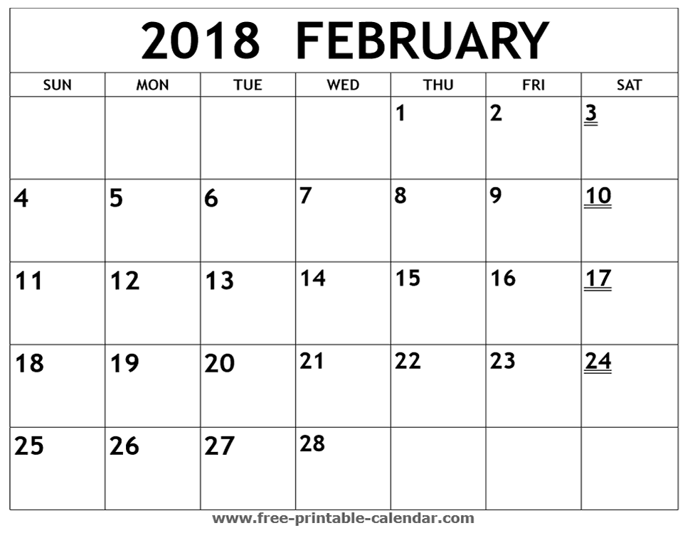Free Download February 2018 calendar printable