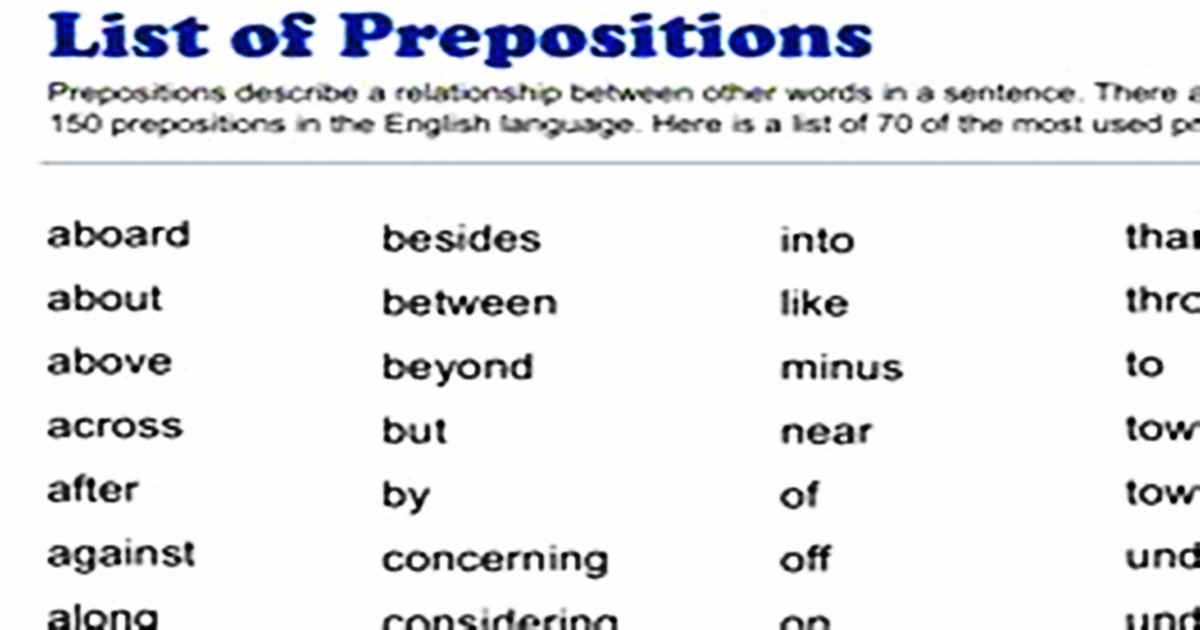 Free List of prepositions