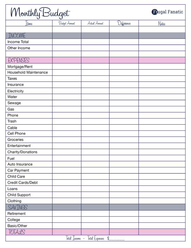 Free Printable monthly budget template