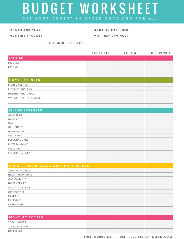 Free printable budget worksheet download to manage monthly expenses of household grocery and other items