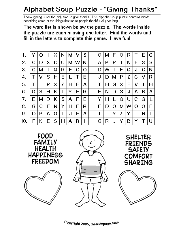 Giving Thanks Alphabet Soup Puzzle - Free Printable Learning Activities for Kids