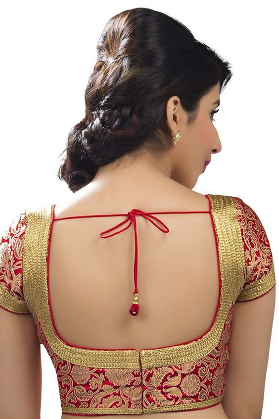 Golden red Blouse back neck designs with borders