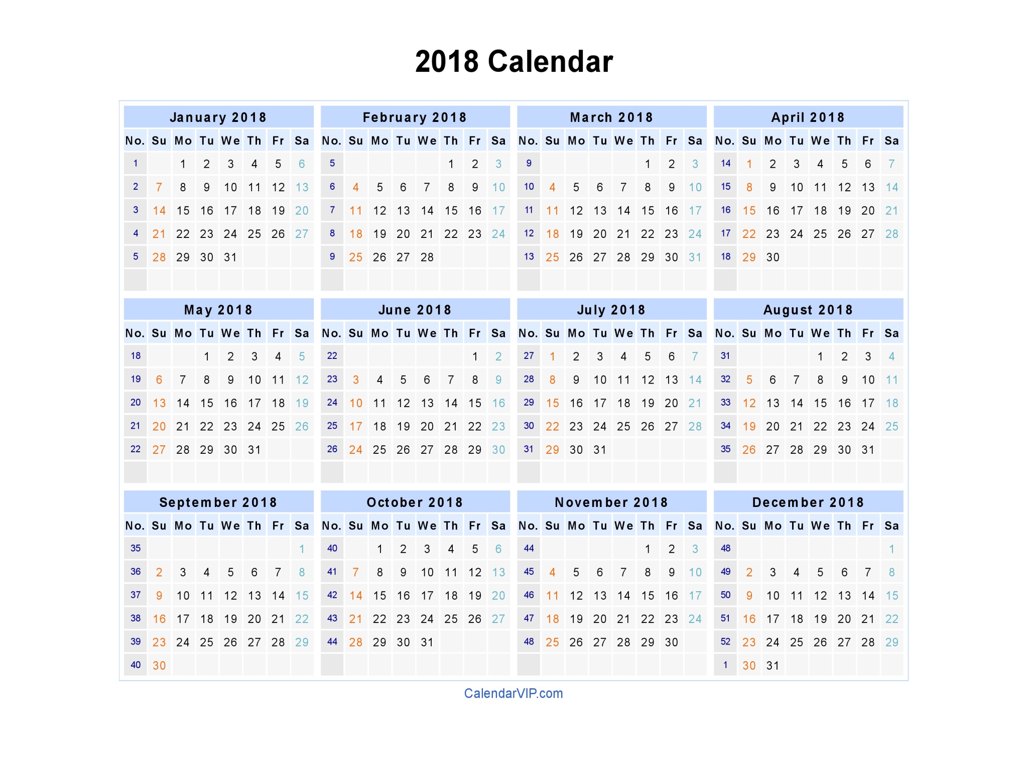 Free 2018 calendar with week numbers printable