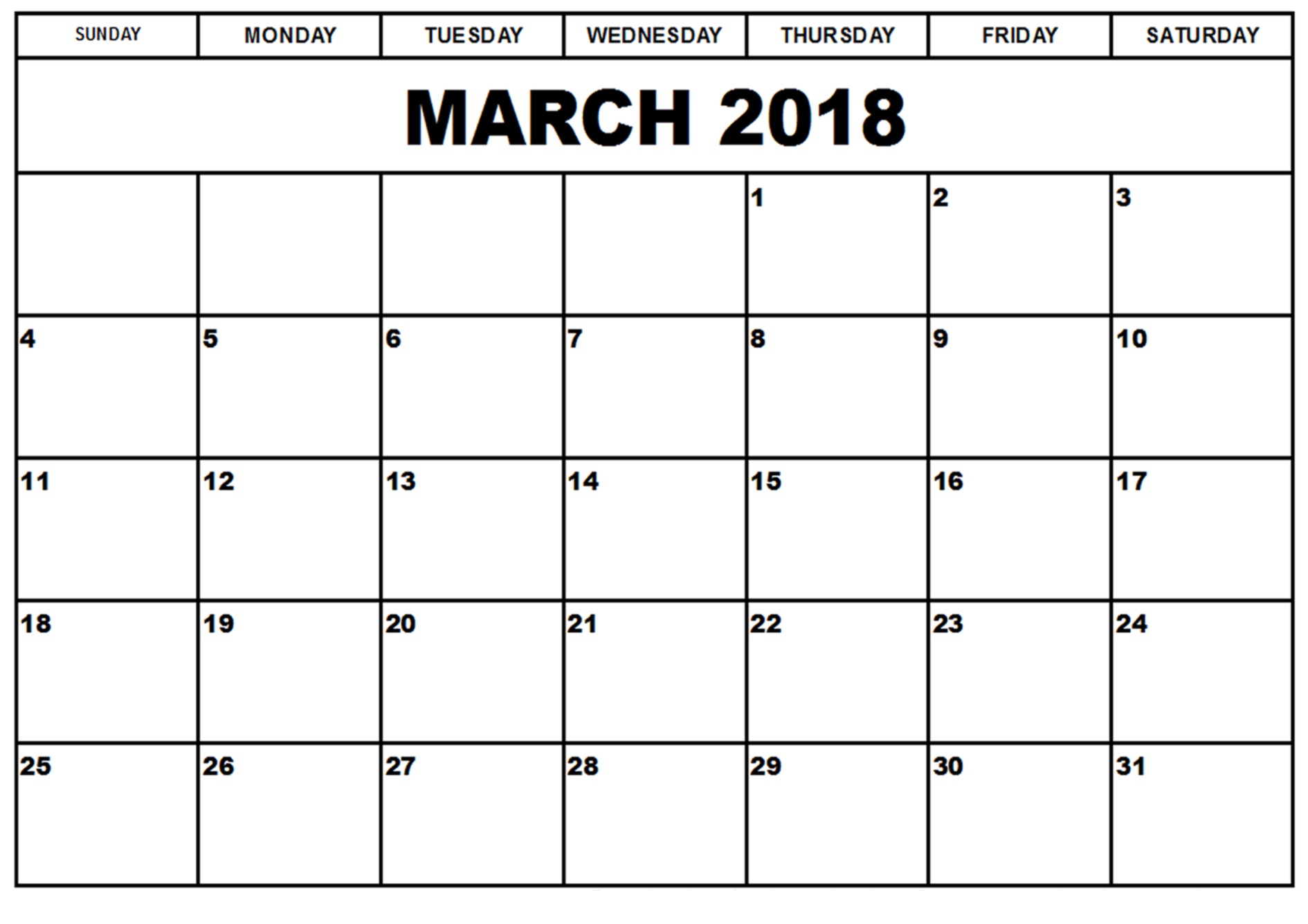 March 2018 printable calendar with 7 week days