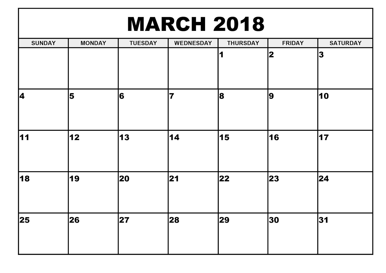 March 2018 printable calendar