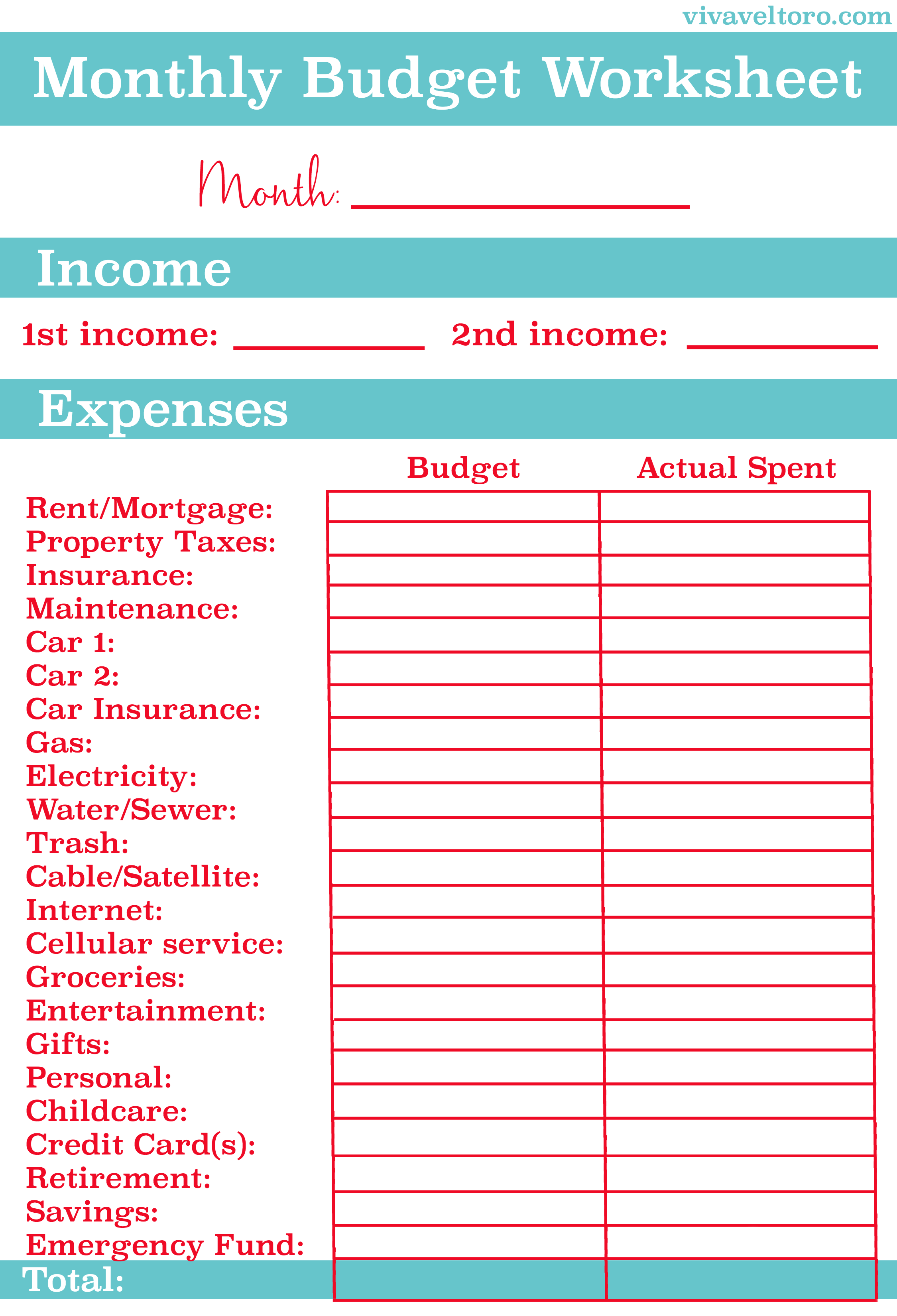 Monthly budget worksheet template free