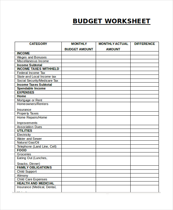Monthly budget worksheet with list of expenses details