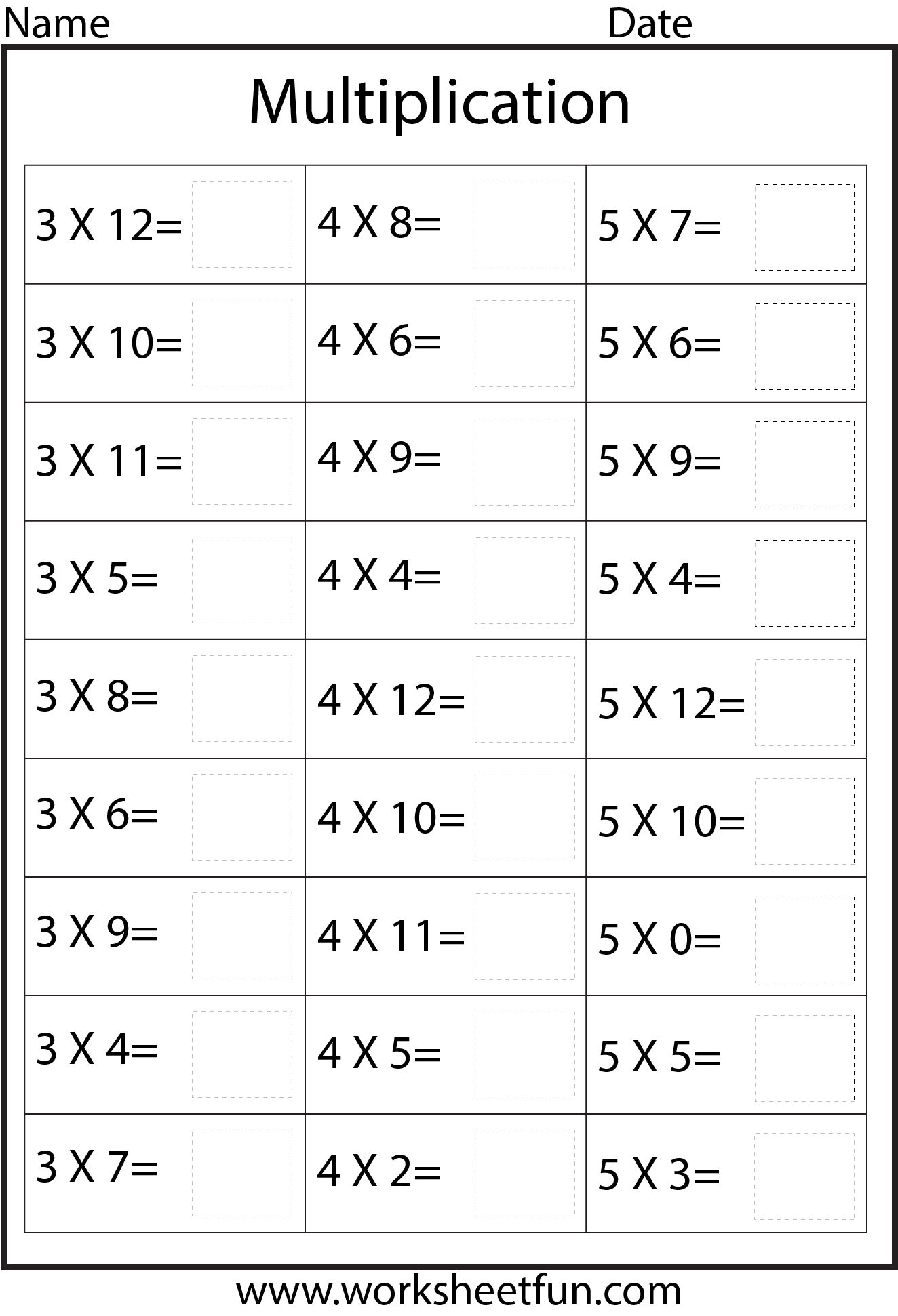 Multiplication tables worksheet printable 3 times 4 time 5 times