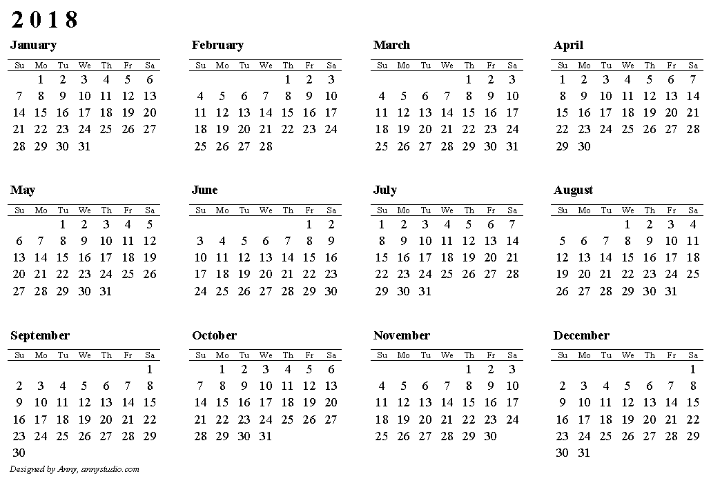 One page calendar 2018 free