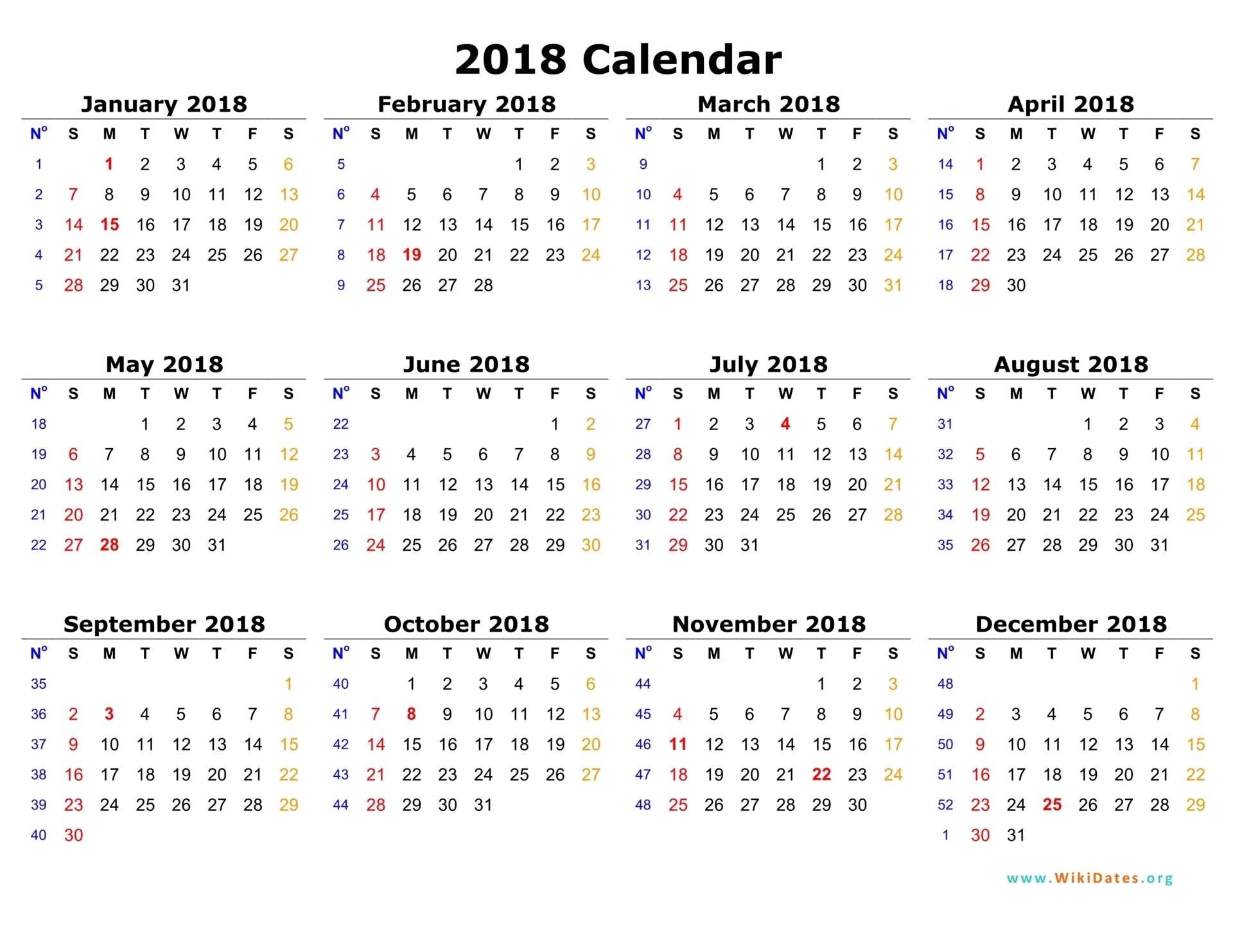 One page calendar 2018