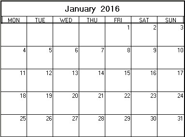 Online printable calendar january 2016