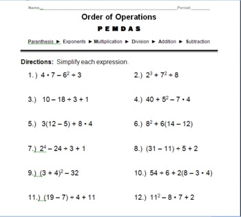 Order of operations worksheet
