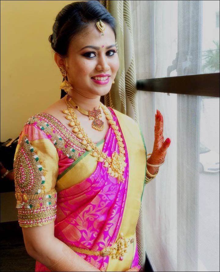 Pink & Gold Kanchipuram Silk Pattu Saree Blouse With Kundan & Resham Work