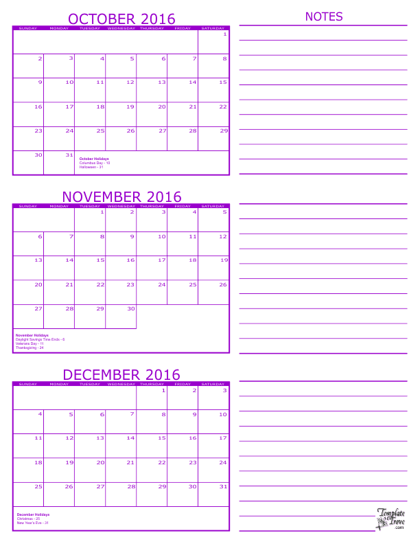 Printable 3 month calendar with notes