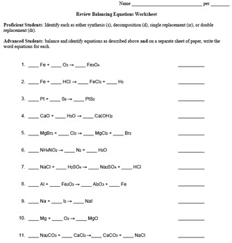 Printable Balancing chemical equations worksheet download