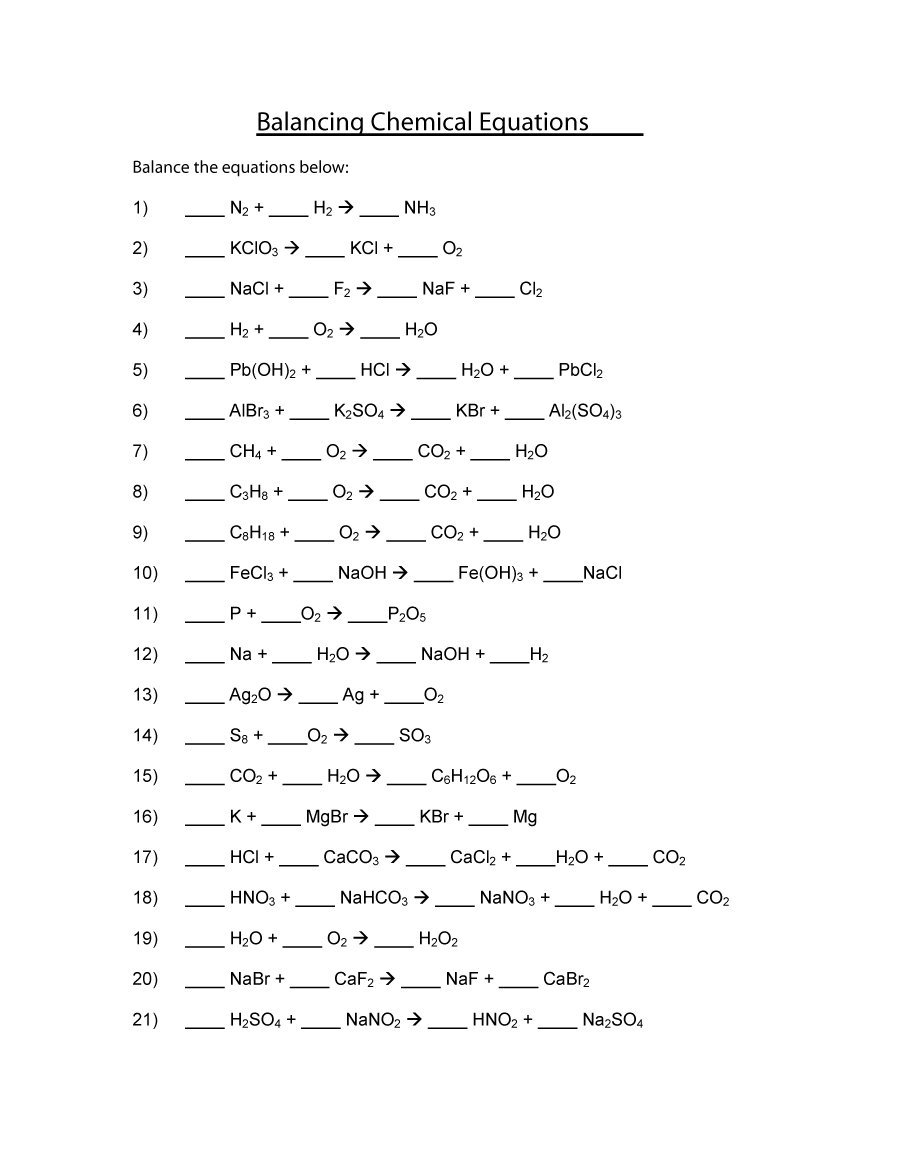 Printable Balancing chemical equations worksheet