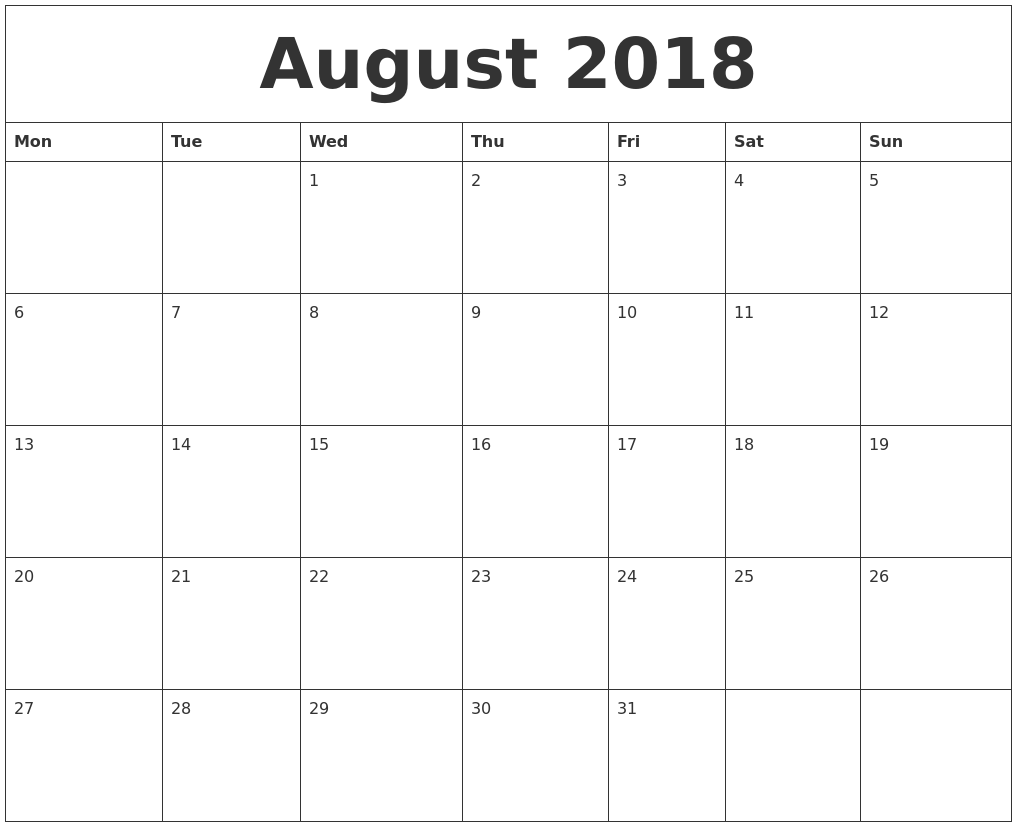 Printable Big printable calendar 2018 august month