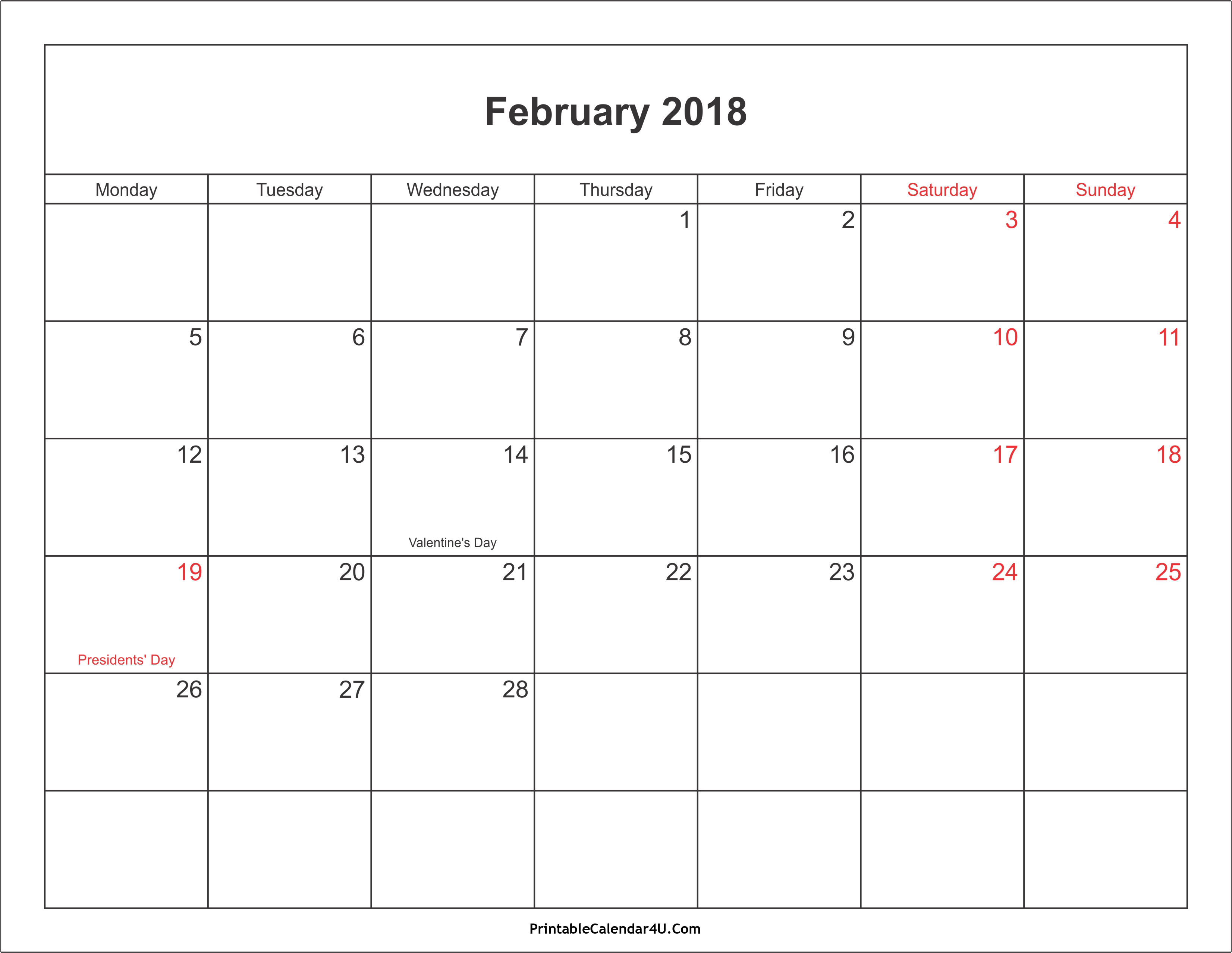 Printable February 2018 calendar with holidays list