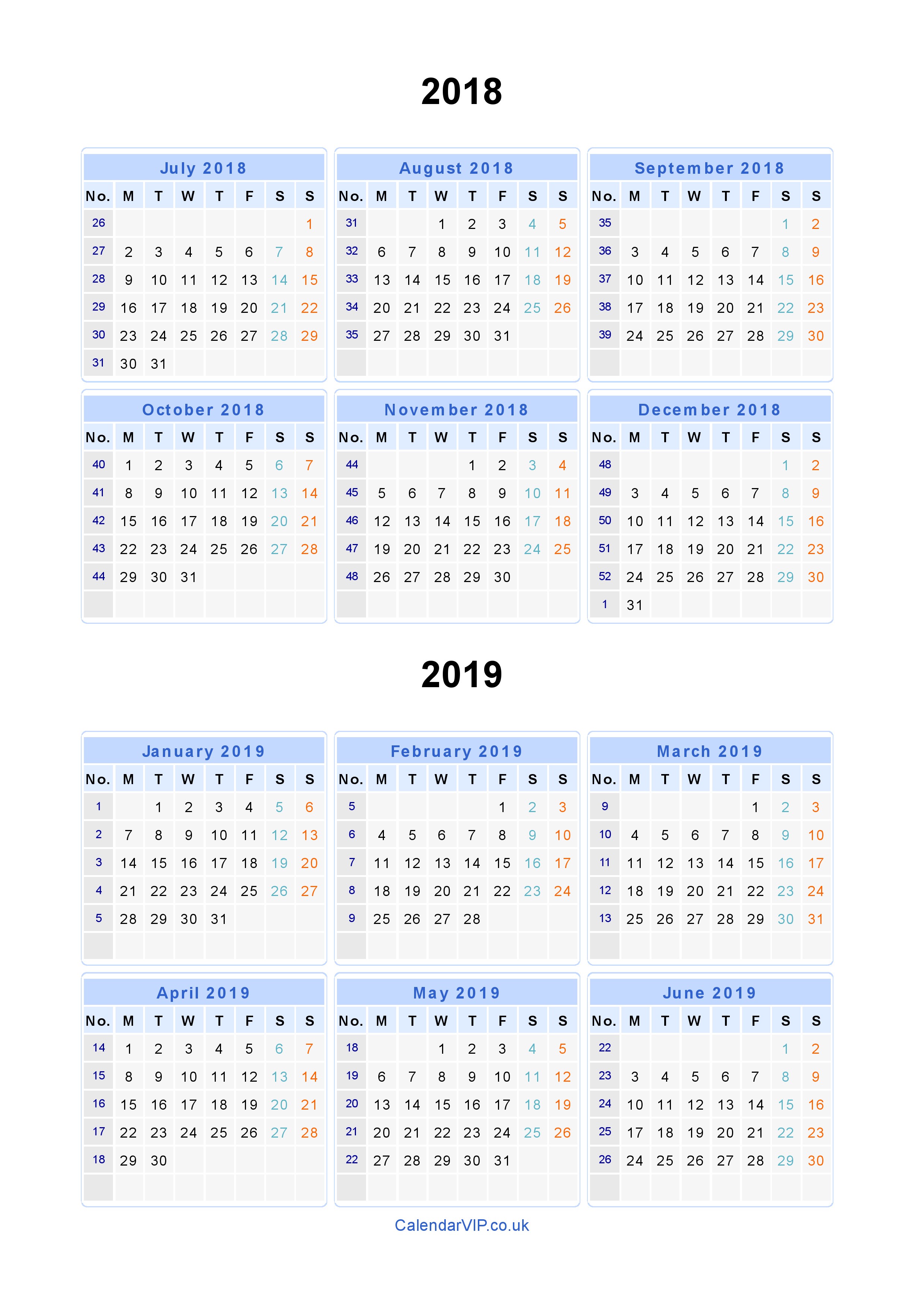 Printable calendar 2018 2019