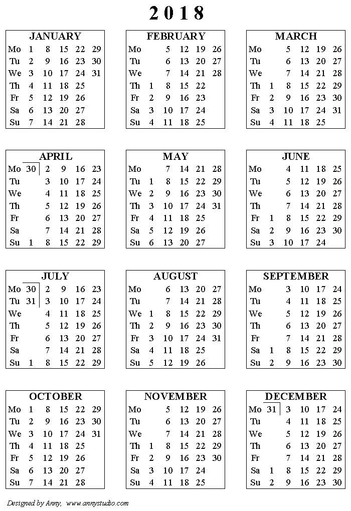 Printable calendar 2018