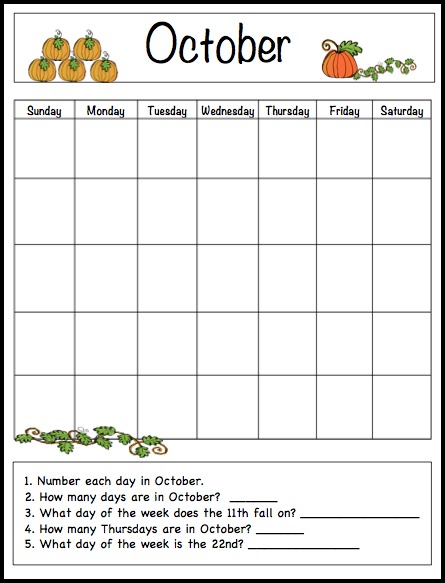 Printable kids calendar template for october month