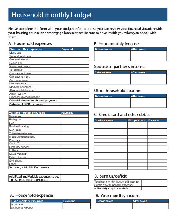 Printable monthly budget template for household grocery management