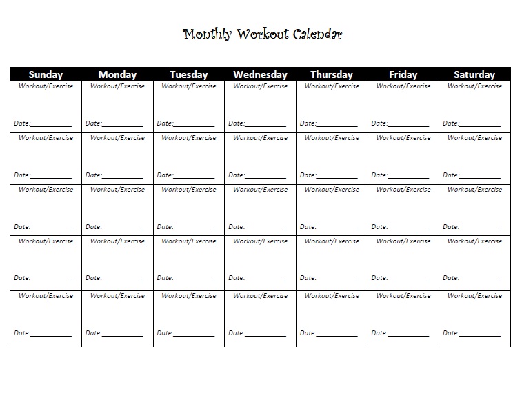 Printable workout calendar monthly template