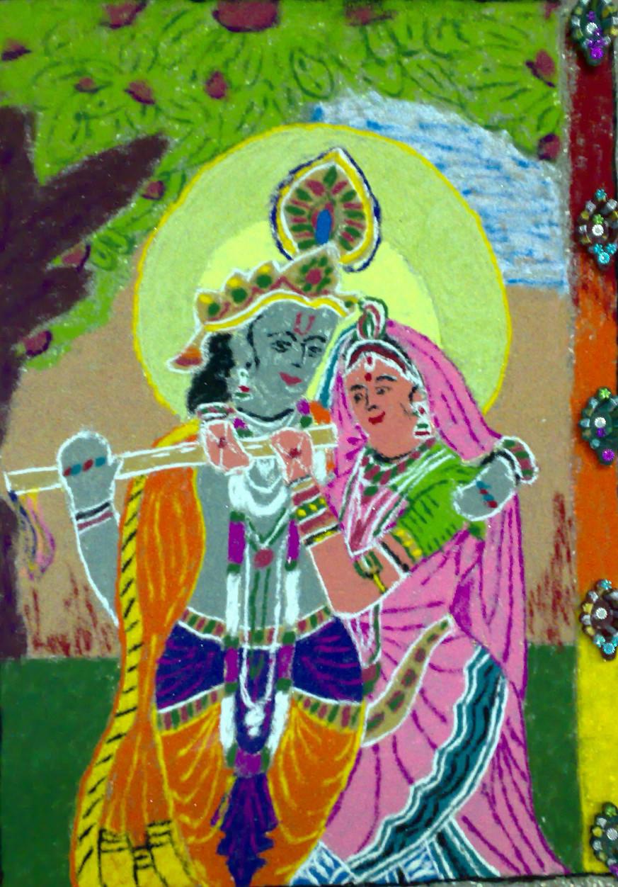 Radha Krishna rangoli with colours