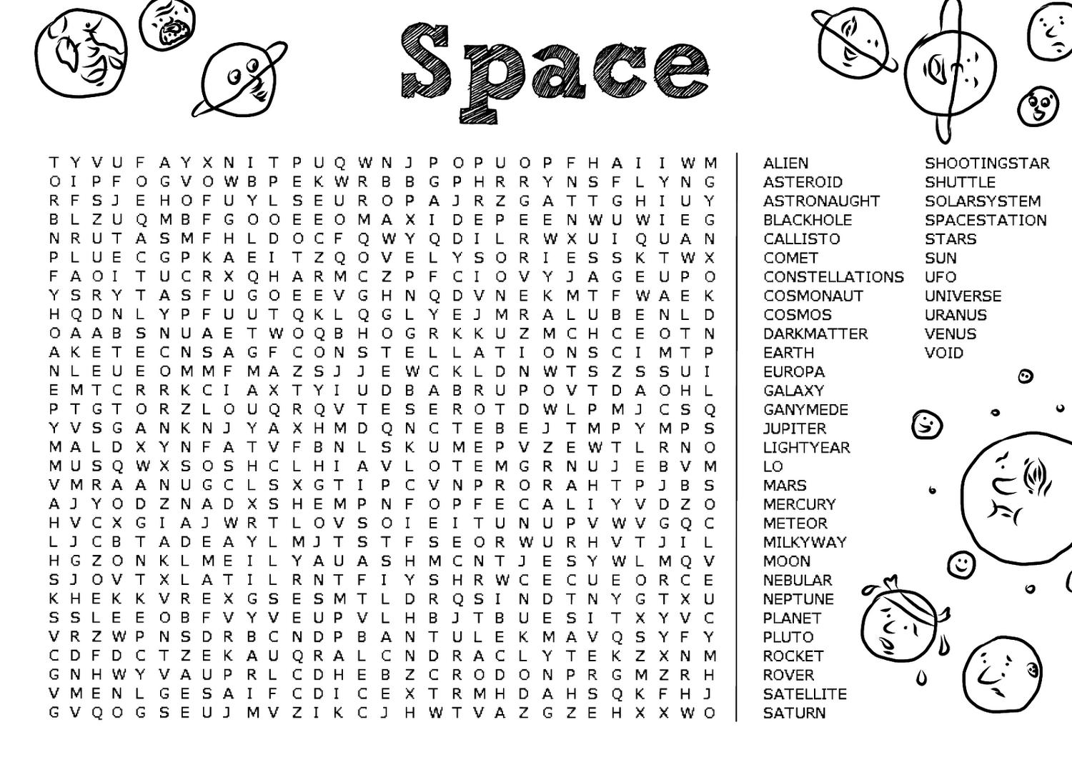 Space Word search printable