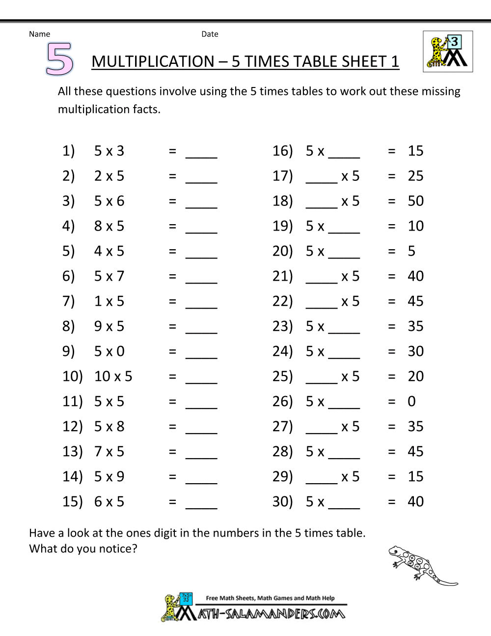 Worksheet Printable Multiplication Tables 5 times
