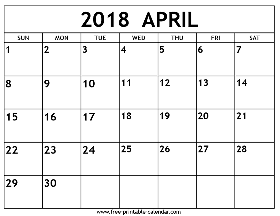 April 2018 calendar printable