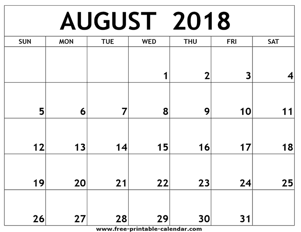 August 2018 calendar printable