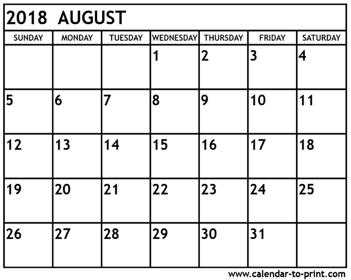 Download August 2018 calendar printable