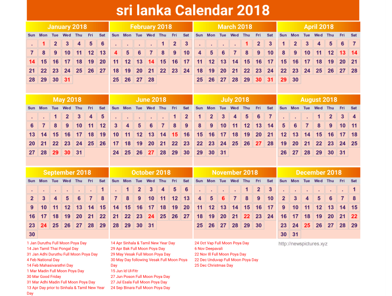 Download sri lanka calendar 2018 free with holidays list