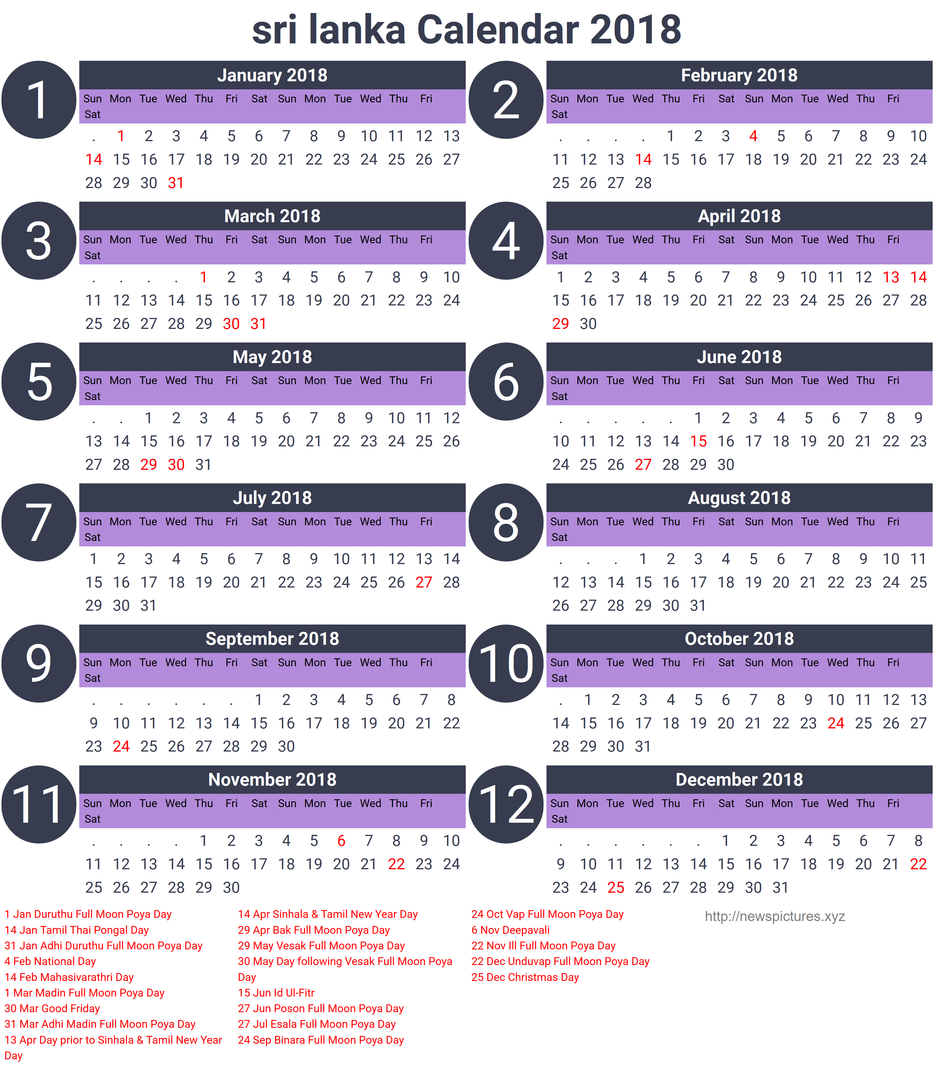 Download sri lanka calendar 2018 printable