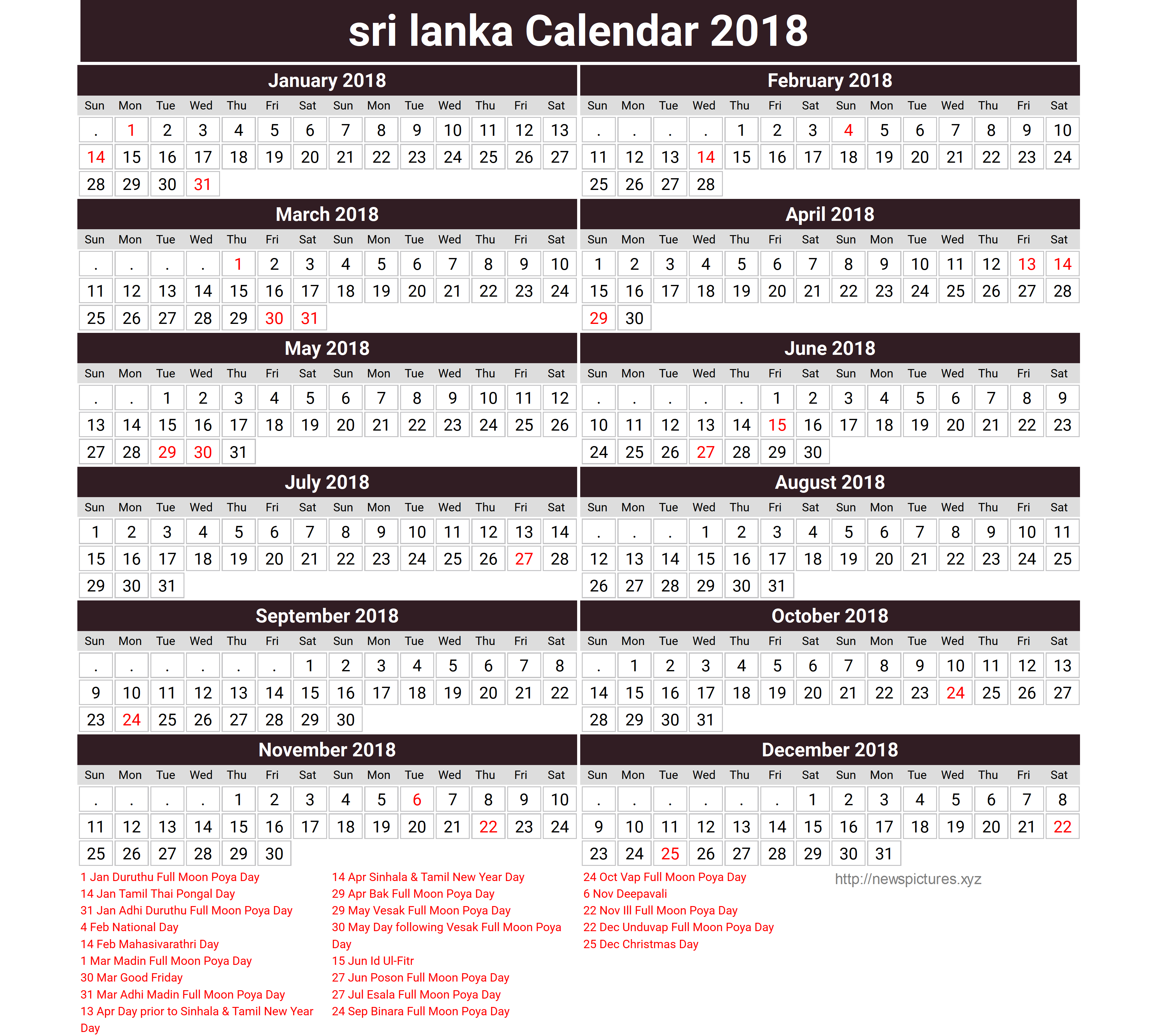 Download sri lanka calendar 2018 with holidays list