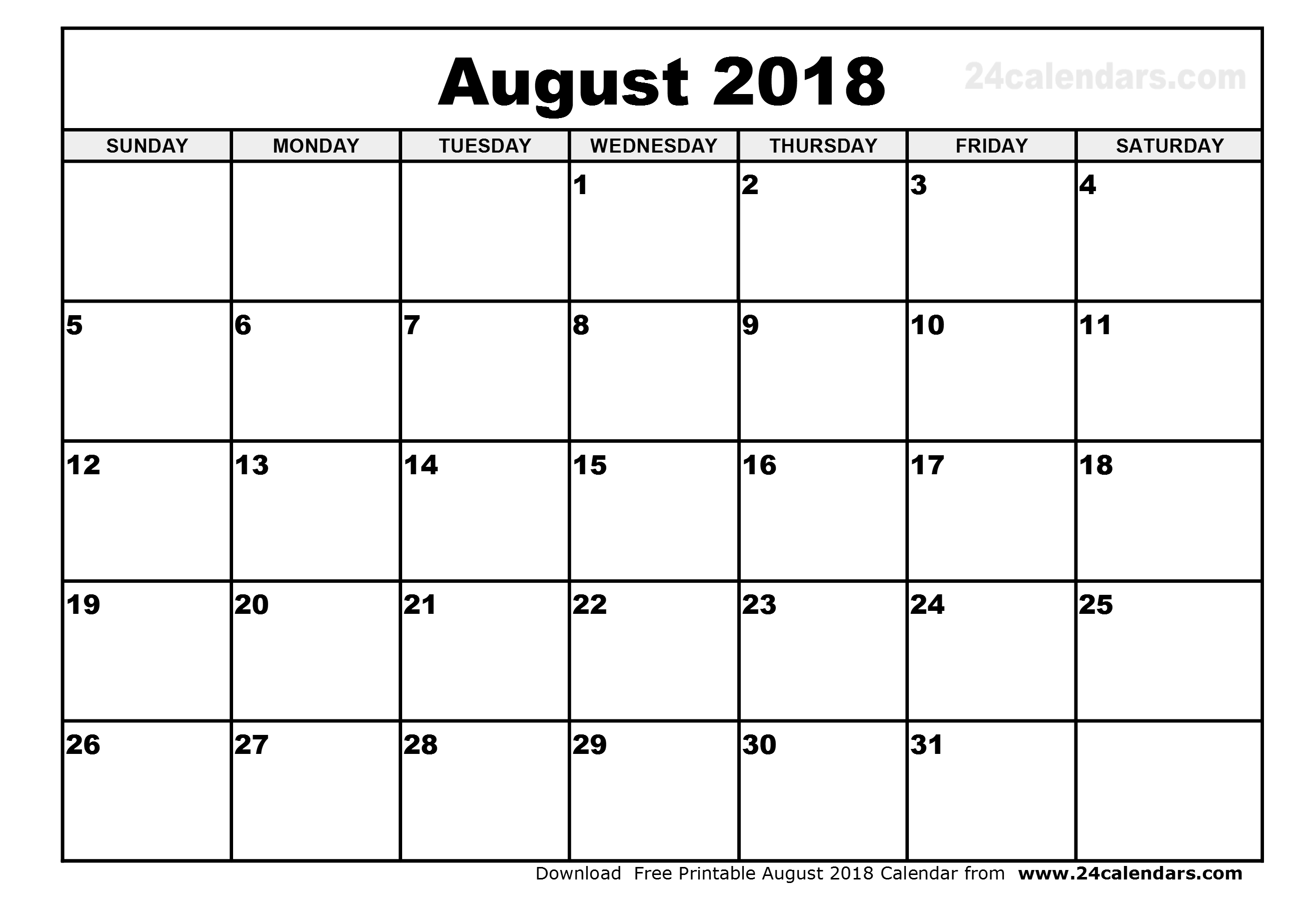 Free August 2018 calendar printable